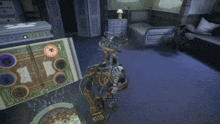 a skeleton is standing in a room with a bed