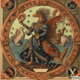 a painting of a man with a bird on his head and the letter y on the bottom right