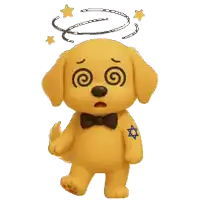 a yellow dog with a bow tie and a star tattoo on his arm
