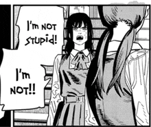 a black and white drawing of a girl screaming and saying i 'm not stupid .