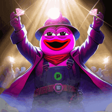 a pink cartoon character with a green p on his belt