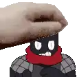 a cartoon character with a scarf around his neck and a hand on his head .