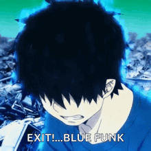 a cartoon character says " exit blue funk " in front of a pile of rubble