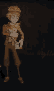 a cartoon character is standing in a dark room holding a book and a map .