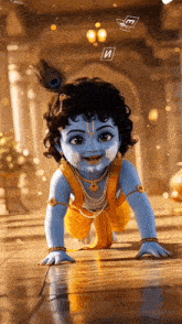 a baby krishna is crawling on the floor in a temple .