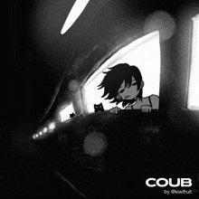 a black and white drawing of a girl looking out a window with coub by @kiwifruit