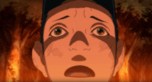 a close up of a cartoon character 's face with a surprised look on his face