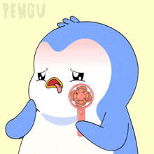 a penguin is sweating while holding a small fan in its mouth