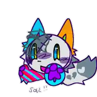 a drawing of a cat with a purple paw and the word soul below it