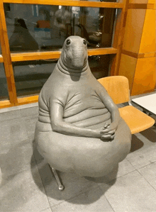 a statue of a seal sitting on a chair with its arms crossed