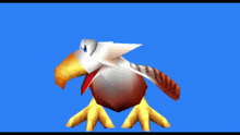 a close up of a cartoon bird 's face with a blue sky in the background