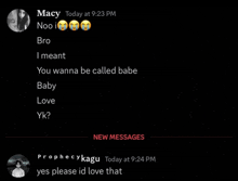 a screenshot of a conversation between macy and prophety kagu