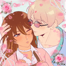 a drawing of a boy kissing a girl with hearts and roses around them
