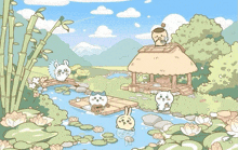 a cartoon drawing of animals playing in a stream near a house