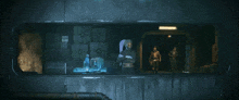 a man in a gas mask stands in a dark room with a sign that says exit