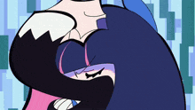 a cartoon character is hugging another character with purple hair