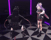 a girl with purple hair is standing next to a cartoon character