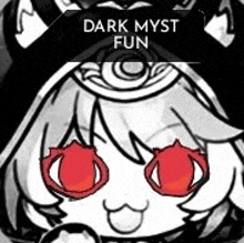 a black and white drawing of a girl with red eyes and a hat .