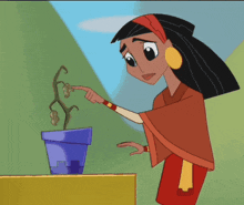 a cartoon character pointing at a blue pot