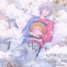 a drawing of a person sleeping with a sweater that says sleepwear on it