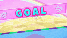 a cartoon character is riding a roller skate under a sign that says goal