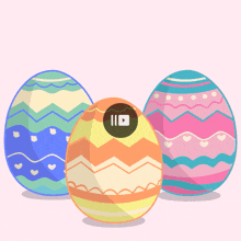 three colorful easter eggs on a pink background with a video play button on one of them