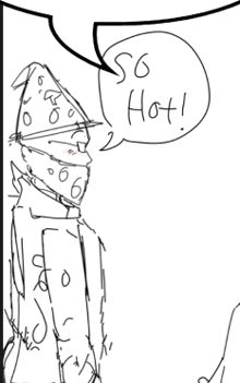 a black and white drawing of a person with a speech bubble that says so hot