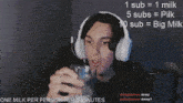 a man wearing headphones with the words " one milk per person per 5 minutes " below him