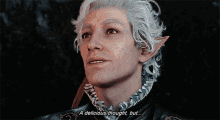 a man with white hair is smiling and saying a delicious thought but