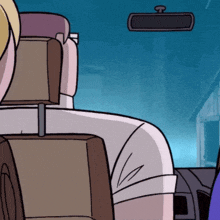 a cartoon character is sitting in a car with a rear view mirror