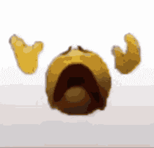 a yellow smiley face with its mouth open and two hands behind it