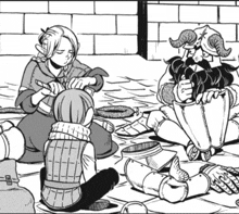 a black and white drawing of a group of people in armor