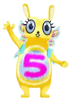 a yellow cartoon character with blue eyes and a pink s on its belly
