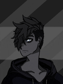 a black and white drawing of a boy with a hoodie on