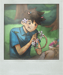 a boy with flowers in his hair is holding a basket of flowers