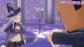 a man is holding a piece of paper in front of a woman in a witch outfit