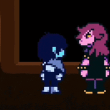 a pixel art of a person holding another person in a dark room .