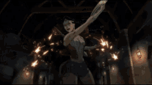 a woman is flying through the air in a dark room while holding an umbrella .