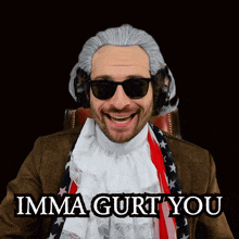a man wearing a wig and sunglasses is sitting in a chair and says imma gurt you