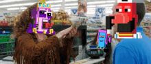 a woman in a fringed jacket is talking to a man in a store