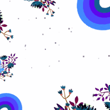a purple square with arabic writing on it is surrounded by blue circles and flowers