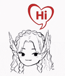 a drawing of a girl with a speech bubble that says hi above her head