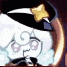 a cartoon character wearing a hat with a star on it is looking at the camera .