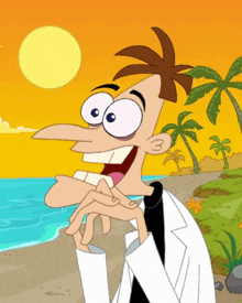a cartoon of a man standing on a beach with palm trees in the background