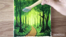 a painting of a forest with the words made in animatica on the bottom