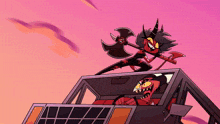 a cartoon devil is holding an axe while another devil is sitting in a car