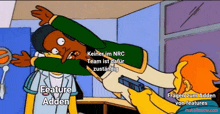 a cartoon of a man holding a gun with the words feature adden in the corner