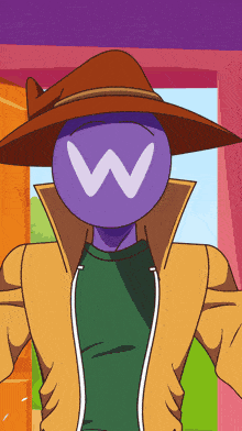 a cartoon character with a hat and a purple head with a white w on it