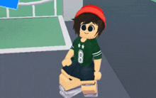 a cartoon character wearing a green shirt and a red hat is sitting on a skateboard .