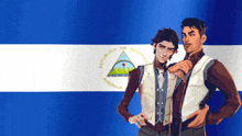two men are standing in front of a nicaraguan flag